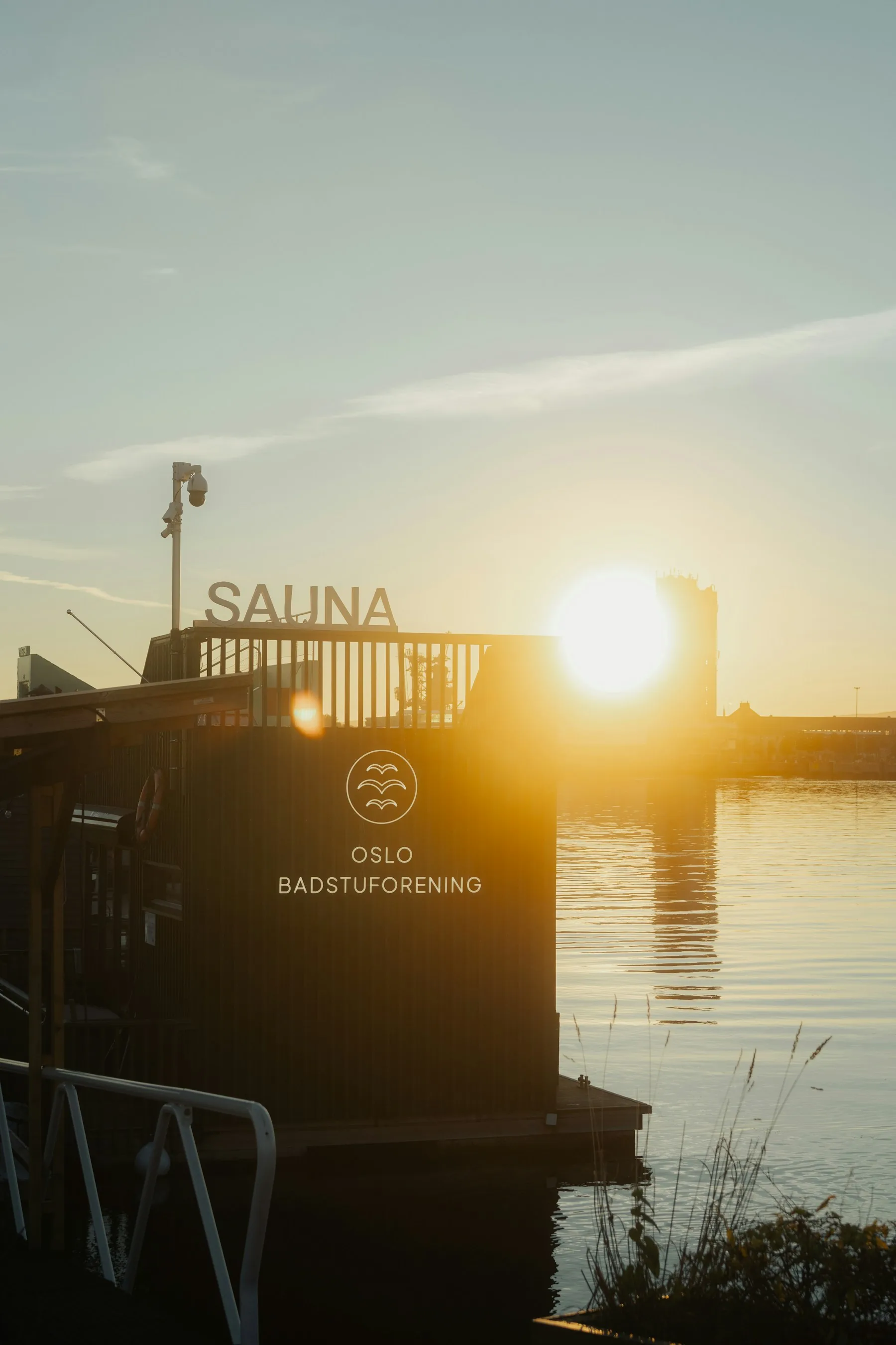 Sauna at sunset overlooking water